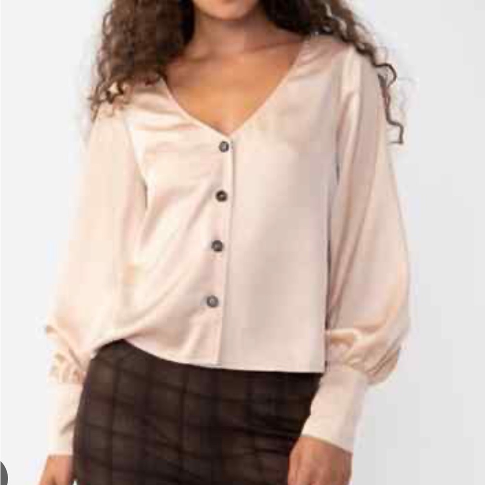 Sanctuary Extended Long Sleeve Satin Neutral Blouse Vintage Style Small S